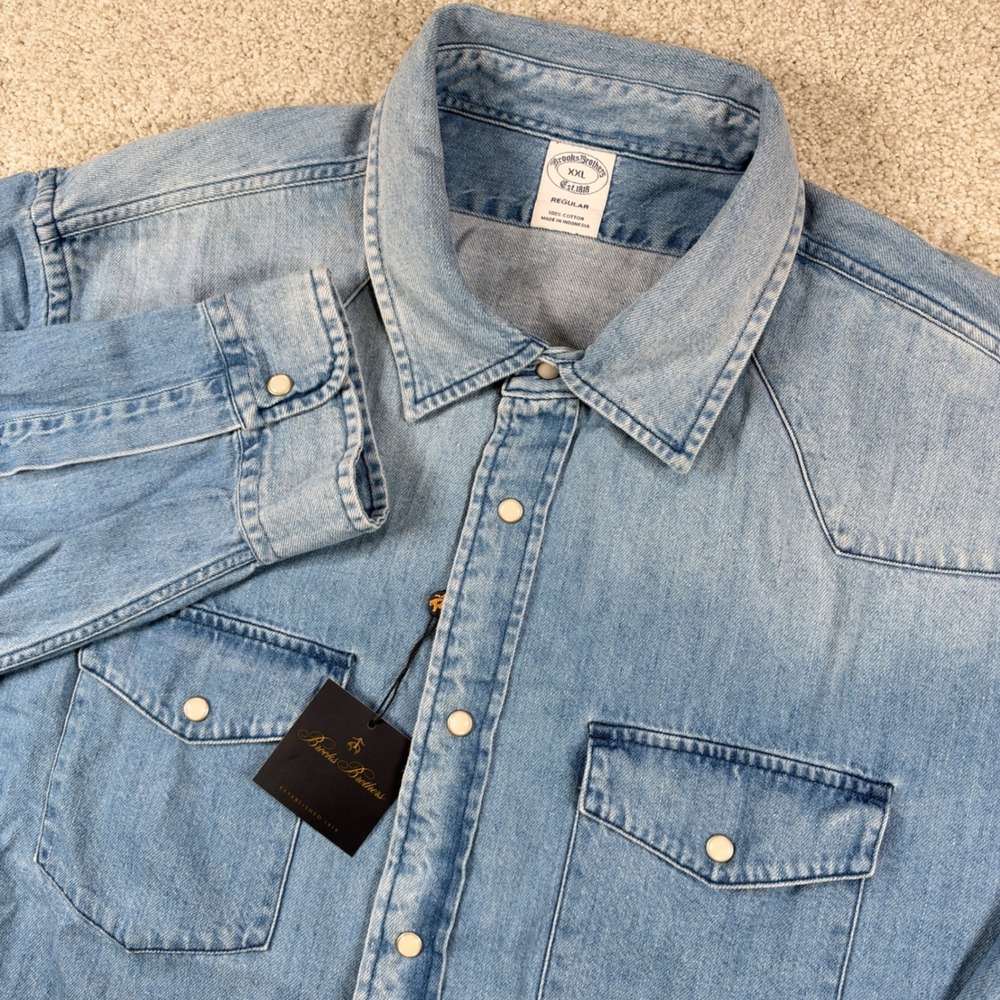 NEW Brooks Brothers Western Shirt Mens XXL Blue Denim Snap Front Regular Fit